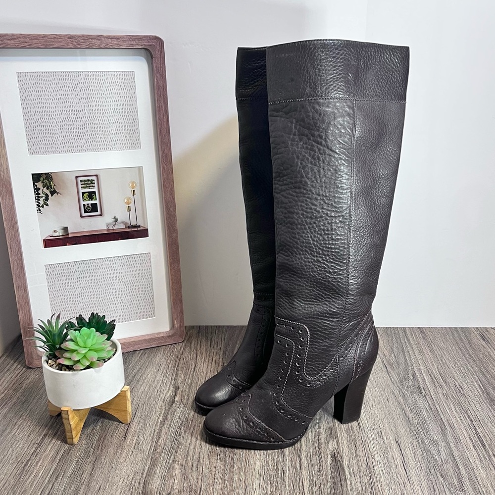 *Michael Kors | Brown Brogue Pull-Up Pebble Leather Heeled Boots Size 7.5